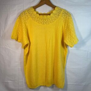 Vicki Wayne‎ Vintage Knit Top Crochet Neck Short Sleeve Yellow Blouse Size XL